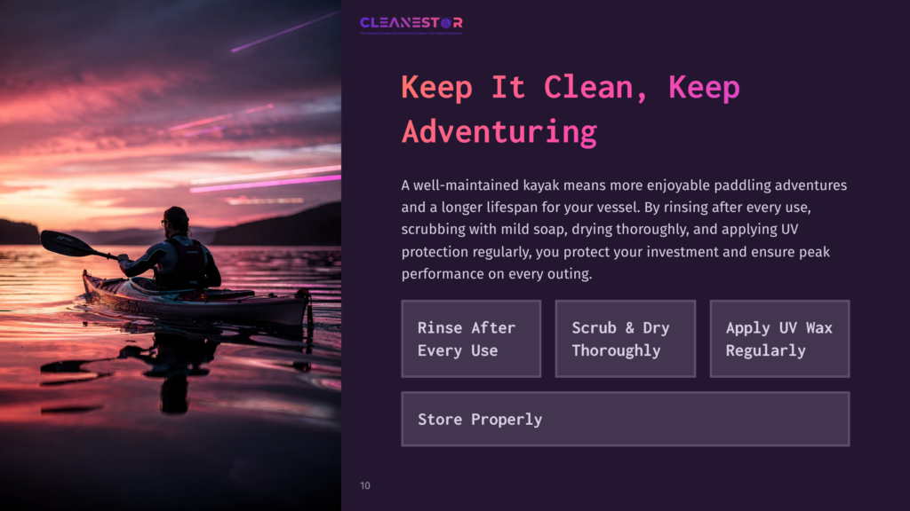 10 Keep It Clean Keep Adventuring A Kayaker Paddles On Calm Water At Sunset, With Vibrant Pink And Purple Clouds In The Sky. Text Reads &Quot;Cleanestor&Quot; And &Quot;Keep It Clean, Keep Adventuring.