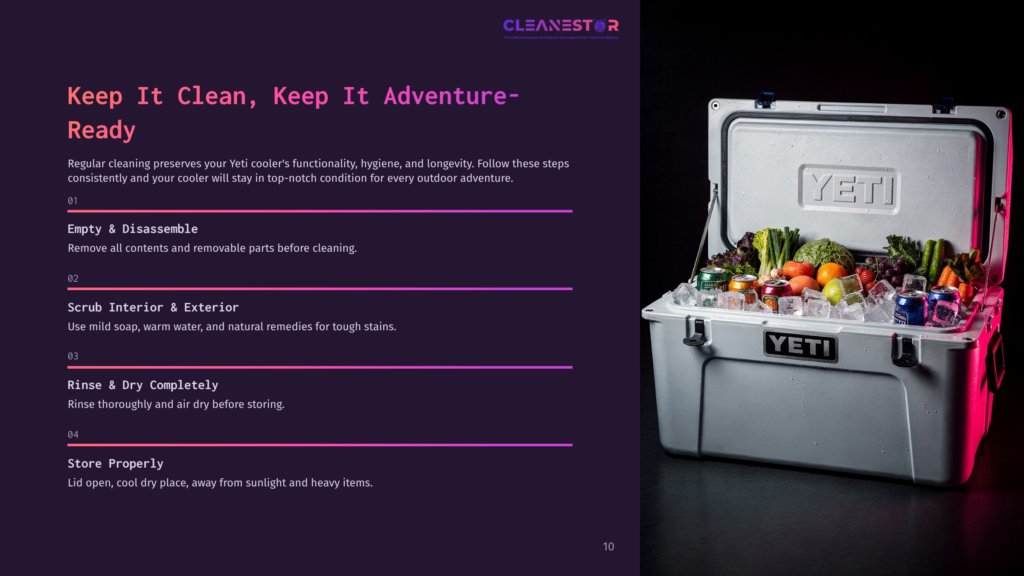 An Open, Gray Yeti Cooler Filled With Ice, Drinks, And Fresh Produce Sits On A Dark Background. Text On The Left Side Of The Image Provides Cleaning Instructions For Yeti Coolers.