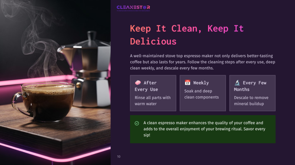 A Steaming Cup Of Rich Espresso Sits On A Wooden Board Next To A Stovetop Espresso Maker, With The Cleanestor Logo And Text &Quot;Keep It Clean, Keep It Delicious&Quot; Visible.