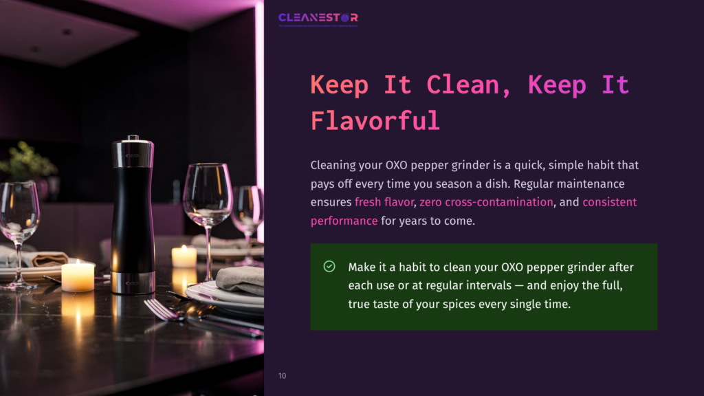 A Modern Kitchen Setting With A Black Oxo Pepper Grinder, Two Wine Glasses, And Lit Candles On A Marble Countertop. Text Overlay Reads &Quot;Cleanestor&Quot; And &Quot;Keep It Clean, Keep It Flavorful&Quot;.