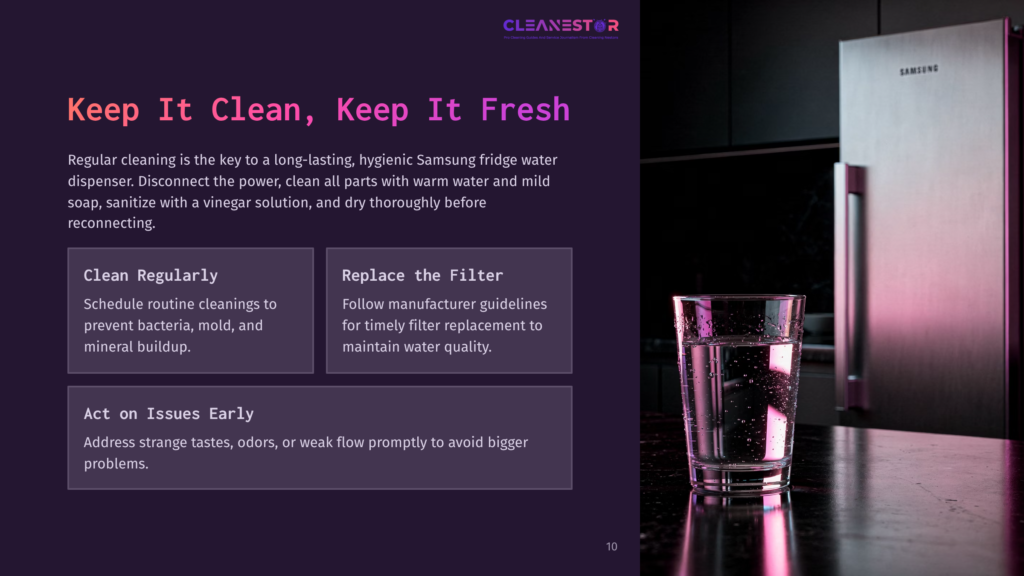 10 Keep It Clean Keep It Fresh A Samsung Refrigerator Stands Tall And Sleek In A Modern Kitchen, Reflecting The Ambient Lighting. In The Foreground, A Glass Of Water With Bubbles Sits On A Reflective Surface, With The Text &Quot;Cleanestor&Quot; Visible On A Purple Background With Cleaning Tips.