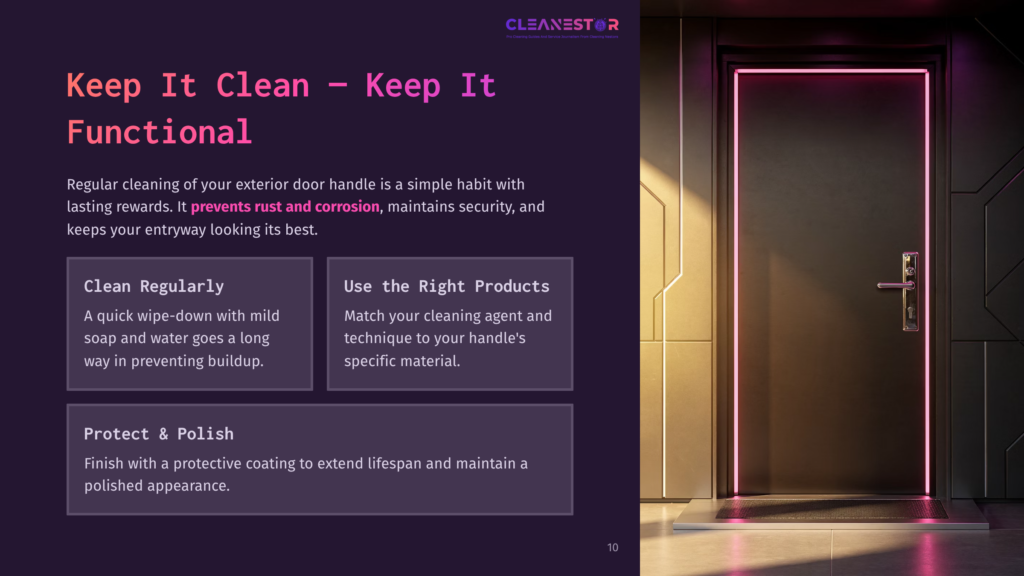 A Modern, Sleek Front Door With Integrated Led Lighting, Flanked By A Clean Welcome Mat. Text Overlay Reads &Quot;Cleanestar&Quot; And &Quot;Keep It Clean - Keep It Functional.