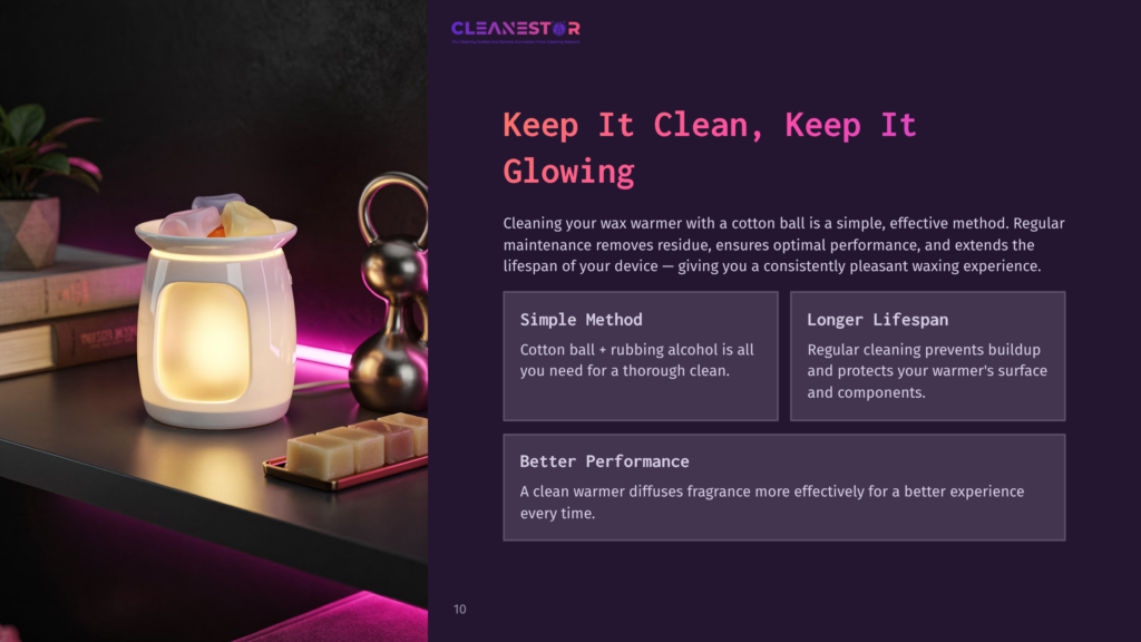A White Electric Wax Warmer Glows Warmly, Filled With Colorful Wax Melts, Next To A Stack Of Books And A Decorative Kettle. Text Overlay Reads &Quot;Cleanestor&Quot; And &Quot;Keep It Clean, Keep It Glowing.