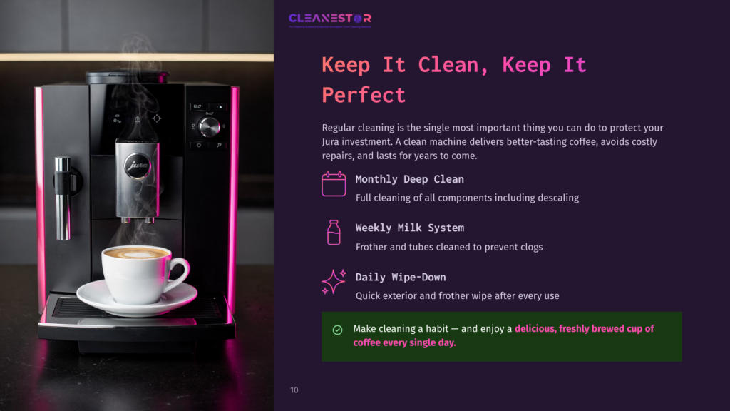 A Steaming Jura Coffee Machine Brews A Perfect Cup Of Coffee, Highlighting The Importance Of Regular Cleaning For A Delicious, Fresh Brew.