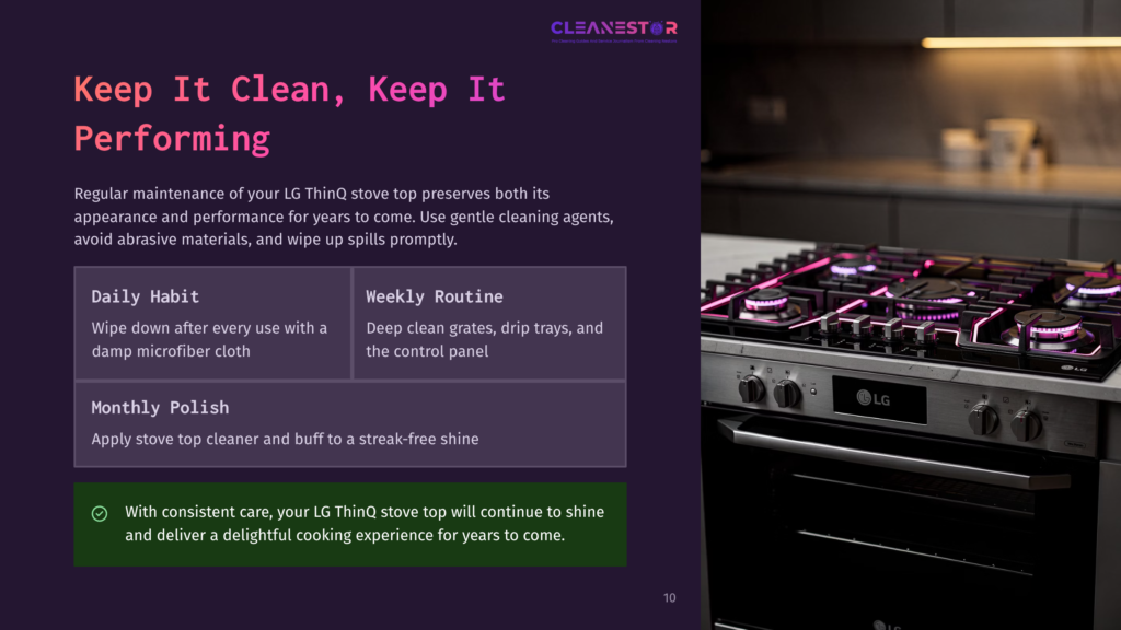 10 Keep It Clean Keep It Performing Lg Thinq Stove Top Maintenance Guide: Daily And Monthly Cleaning Tips For A Pristine Appliance. The Image Shows A Modern Lg Gas Stove Top With Glowing Purple Burners.