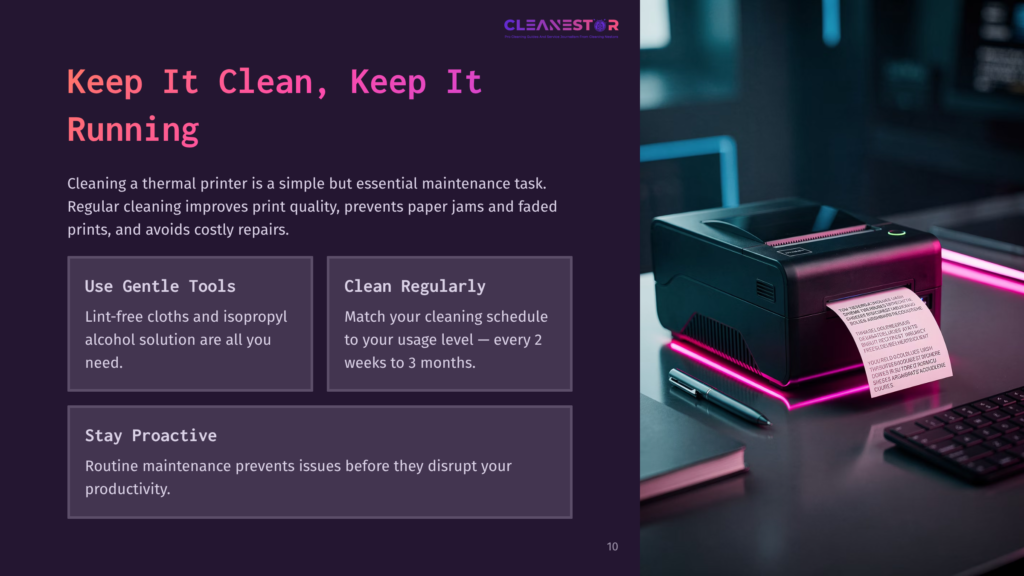 A Thermal Printer On A Desk With A Document Printing, Surrounded By Purple And Pink Lighting, Accompanied By Cleaning Tips On The Left.