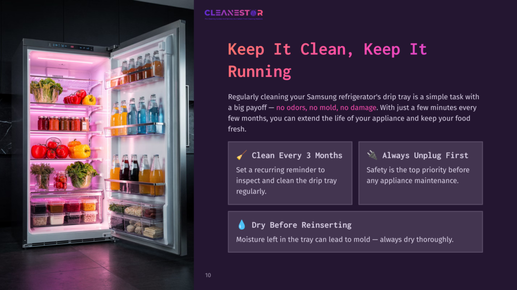A Samsung Refrigerator With Colorful Shelves Full Of Groceries And Beverages, Alongside Cleaning Tips Displayed In A Dark Layout.
