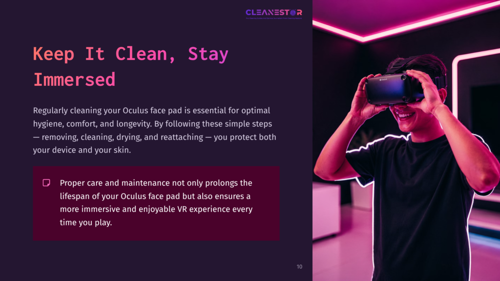 Man Wearing A Vr Headset Smiles While Holding The Device, With Neon Pink And Purple Lights In The Background. Text Overlay Reads &Quot;Cleanestar - Keep It Clean, Stay Immersed.