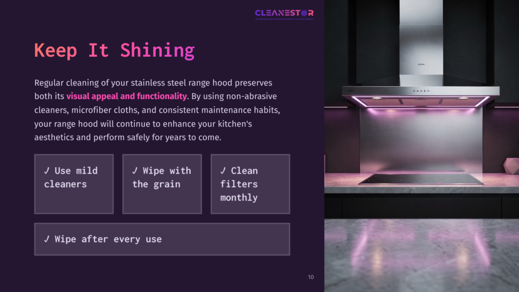 A Modern Stainless Steel Range Hood With Purple Ambient Lighting, Set Against A Sleek Countertop Background, Highlighting A Cleaning Checklist.
