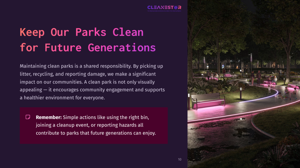 Text On A Dark Background Emphasizes The Importance Of Park Cleanliness, With A Colorful Park Scene Featuring Glowing Pathways And Seating.