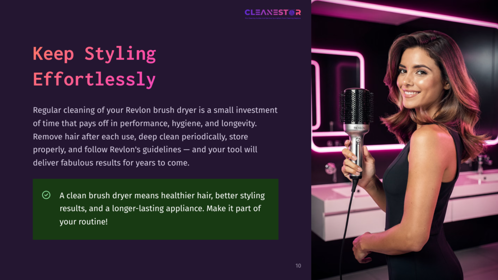 A Smiling Woman With Dark Hair Holds A Revlon Brush Dryer In A Modern Salon Setting. Text Overlay Reads &Quot;Cleanestar&Quot; And &Quot;Keep Styling Effortlessly.
