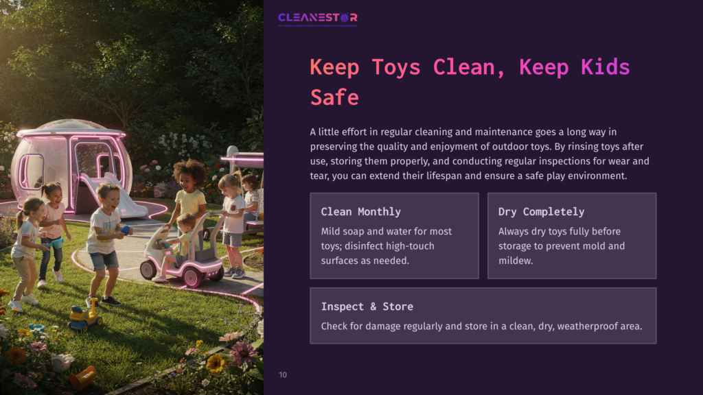 10 Keep Toys Clean Keep Kids Safe Children Play With Outdoor Toys Near A Pink Playhouse; Text Overlay Reads &Quot;Keep Toys Clean, Keep Kids Safe&Quot; And Details Cleaning And Inspection Tips.
