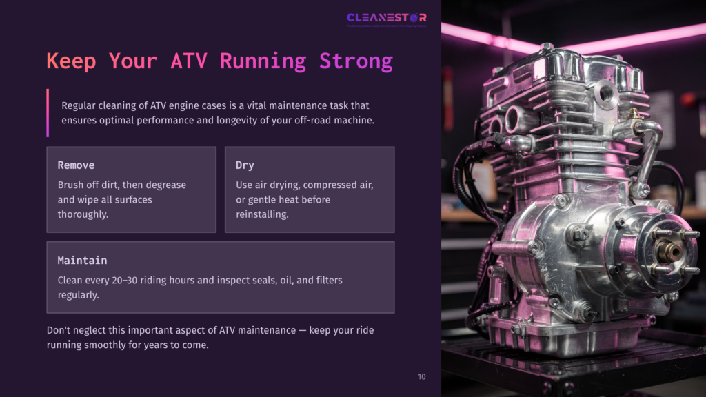 10 Keep Your Atv Running Strong Glossy Atv Engine Case On A Reflective Surface, Surrounded By A Modern Workshop Setting With Pink And Purple Lighting.