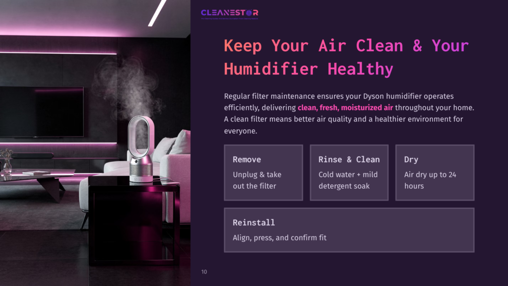 A Dyson Humidifier With A Glowing Blue Light Emits A Gentle Mist In A Modern Living Room At Night, Next To A Sleek Black Side Table And A Large Television.