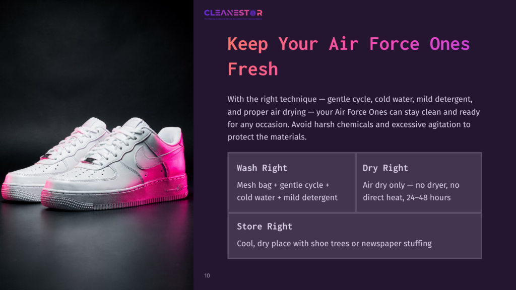 A Pair Of White Nike Air Force One Sneakers With Pink Accents, Displayed On A Dark Background, Alongside Cleaning Tips And Instructions.