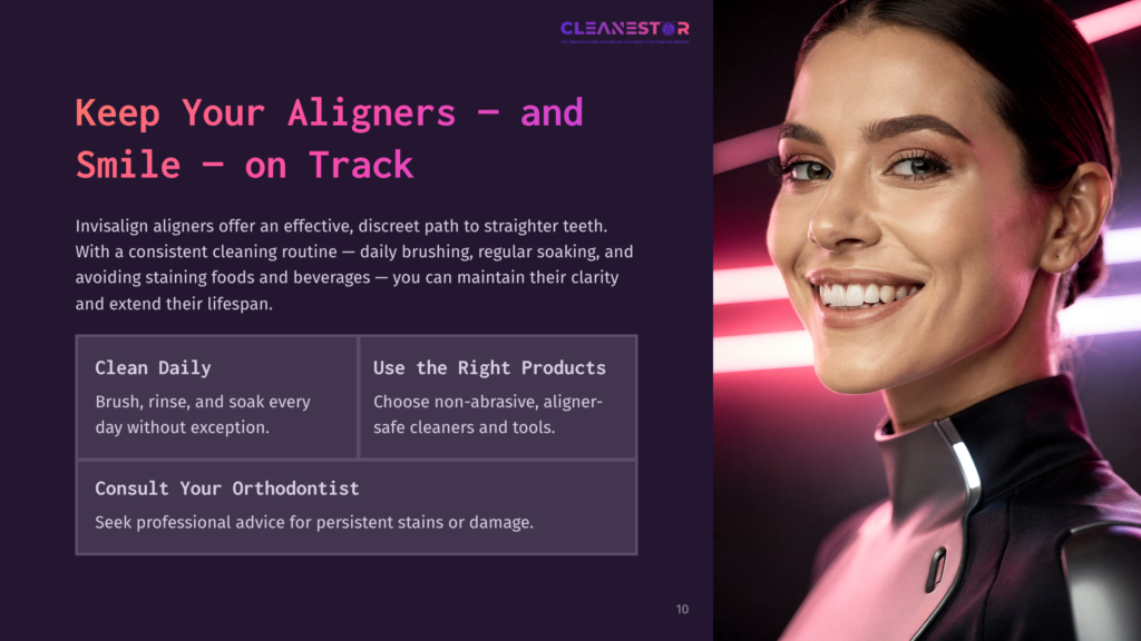 A Smiling Woman With Long Dark Hair Against A Purple Background, Showcasing A Clear Aligner On Her Teeth, Emphasizing Oral Care Tips.