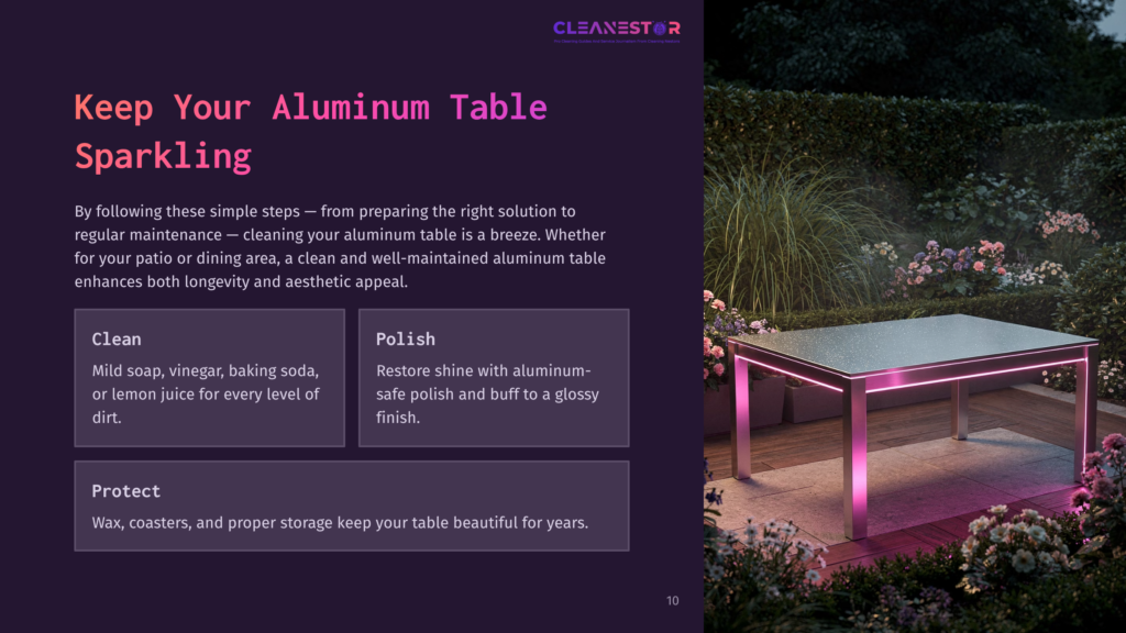 A Modern Aluminum Table In A Garden Setting, With Soft Pink Lighting, Surrounded By Plants And Coasters, Showcasing A Clean Aesthetic.