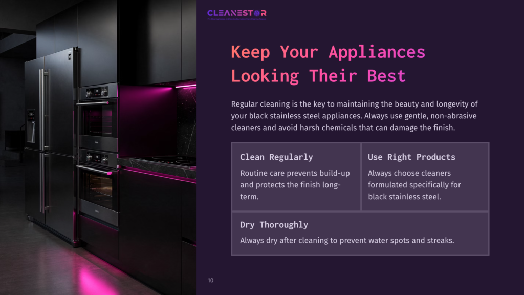 Black Stainless Steel Appliances Showcased In A Modern Kitchen Setting With Purple Ambient Lighting, Featuring Cleaning Tips In A Side Panel.