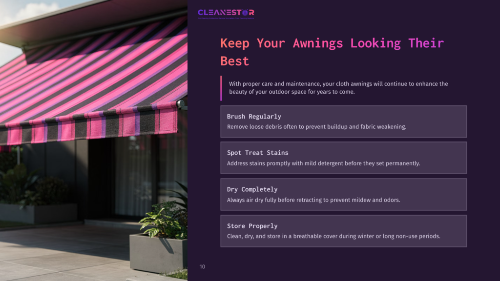 A Stylish Building With A Pink And Purple Striped Awning. Nearby Greenery Complements The Vibrant Color Scheme. Text Provides Cleaning Tips.