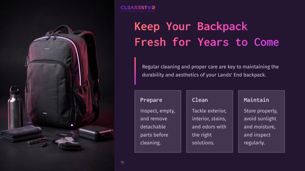 A Black Lands' End Backpack With Purple Accents On A Dark Background, Surrounded By Cleaning Supplies Like A Water Bottle And Spray.