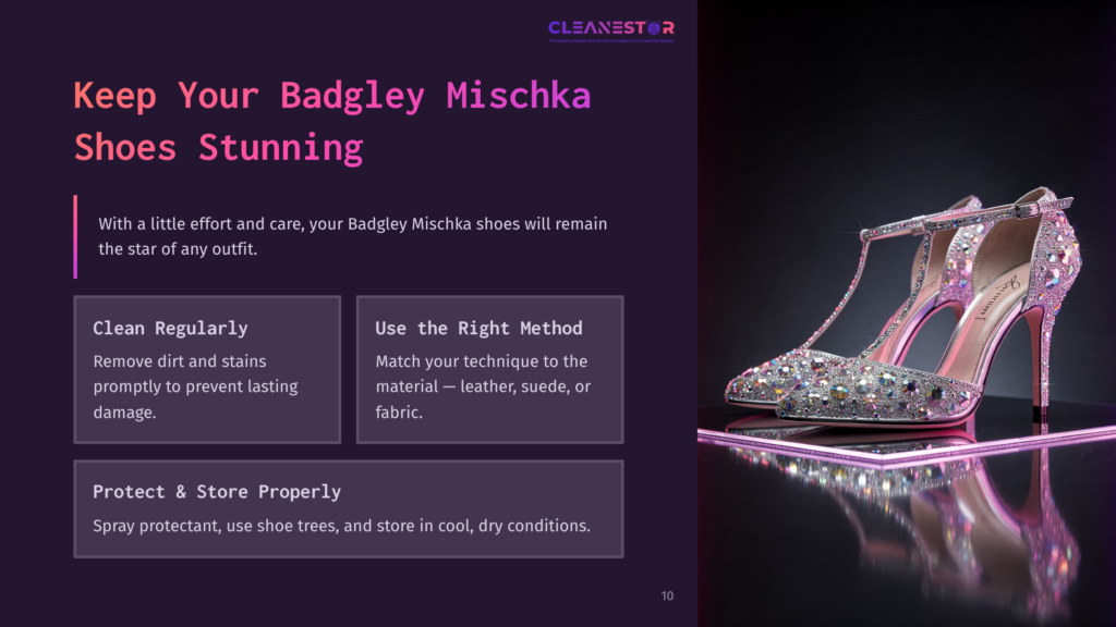 A Stylish Pair Of Badgley Mischka Heels With Rhinestones Is Displayed Alongside Cleaning Tips In A Visually Appealing Layout.