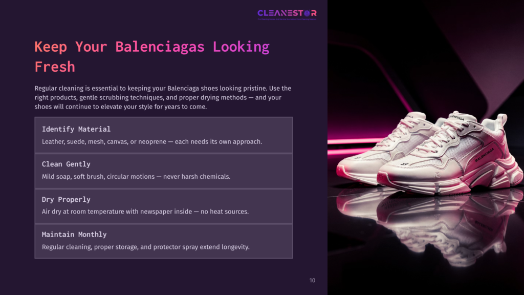 Footwear Cleaning Guide Featuring A Pair Of White And Pink Balenciaga Shoes, Text Instructions On Cleaning Methods Beside A Dark Background.