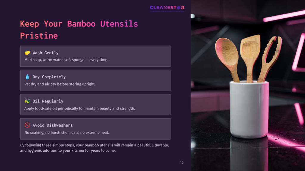 Three Bamboo Utensils In A White Container On A Dark Countertop, With Pink And Purple Lighting In The Background. Tips For Care Are Outlined Alongside.