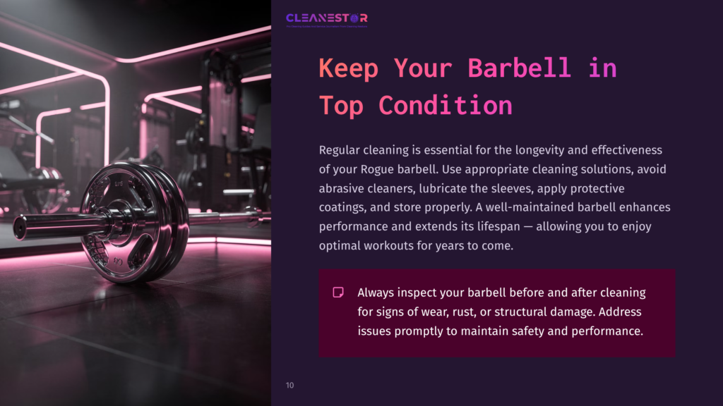 10 Keep Your Barbell In Top Condition A Barbell Rests On A Gym Floor With Purple Lighting; A Text Box Highlights Cleaning Tips For Maintenance And Longevity.