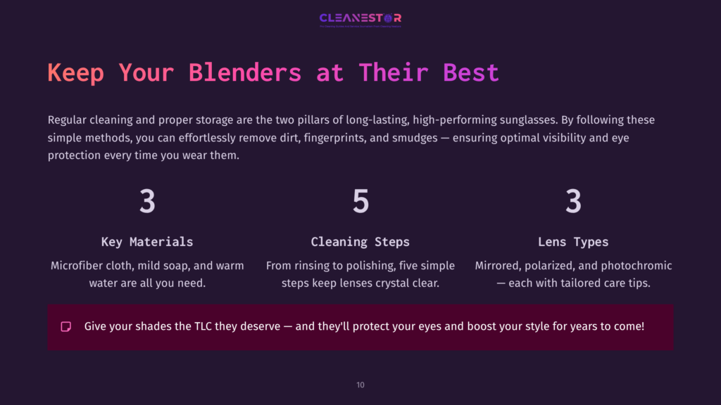 A Clean And Informative Layout Presents Five Steps For Cleaning Sunglasses, Featuring Bold Headings, Informative Text, And A Purple Background.