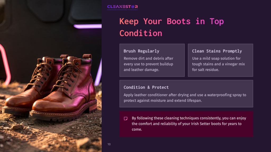 Brown Leather Boots With A Glossy Finish Sit On A Textured Surface, Accompanied By Text Boxes With Tips On Cleaning And Maintenance.