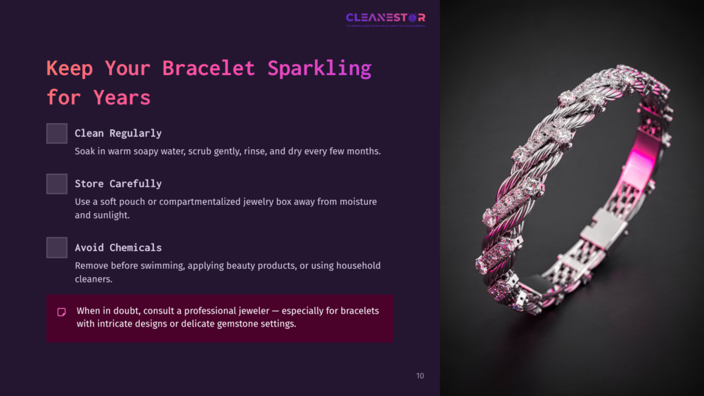 Sparkling Diamond And Silver Bracelet On A Dark Background, With Text About Cleaning And Caring For Jewelry.