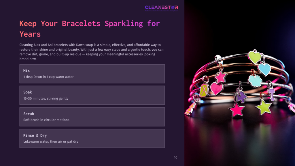 Colorful Alex And Ani Bracelets With Various Charms On A Dark Surface, Alongside Cleaning Tips In A Bold Layout.