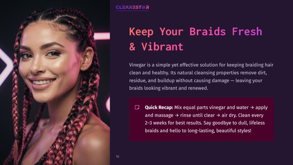 Close-Up Of A Smiling Black Woman With Intricate Braided Hair Featuring Pink Highlights, Looking At The Camera Against A Dark, Moody Background. Text Overlay Reads &Quot;Cleanestor Keep Your Braids Fresh &Amp; Vibrant.