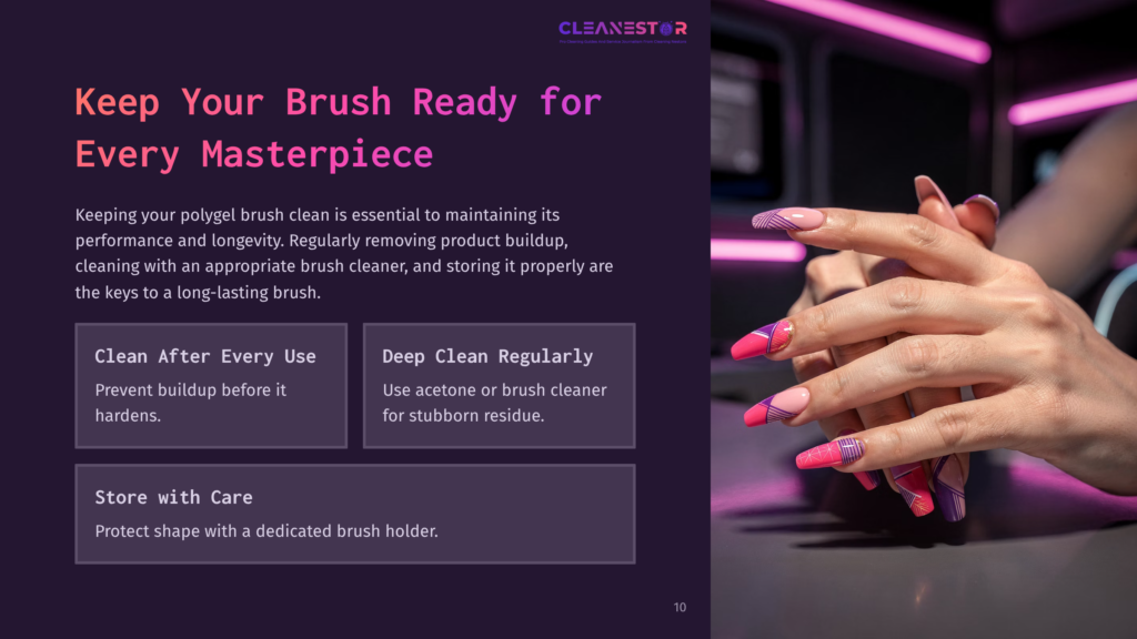 A Person'S Hand With Styled Long Nails Holds A Polygel Brush Next To Cleaning Tips On A Purple Background, Illuminated By Soft Lighting.