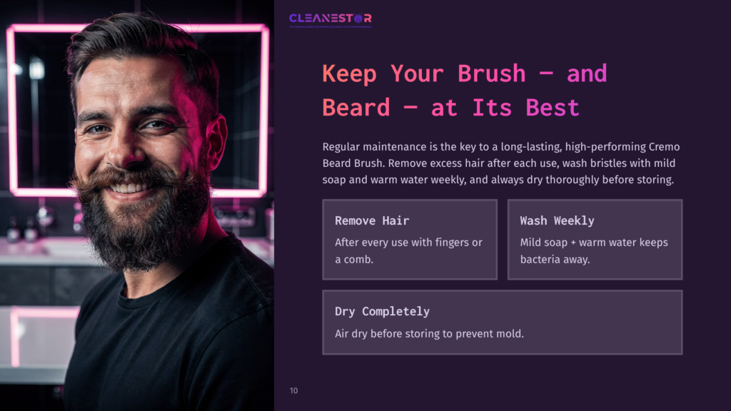 A Smiling Man With A Well-Groomed Beard And Mustache, Wearing A Black T-Shirt, Is Shown Close-Up Against A Blurred Background With Pink And Purple Lighting. The Image Includes The Text &Quot;Cleanestor&Quot; And &Quot;Keep Your Brush - And Beard - At Its Best&Quot;.