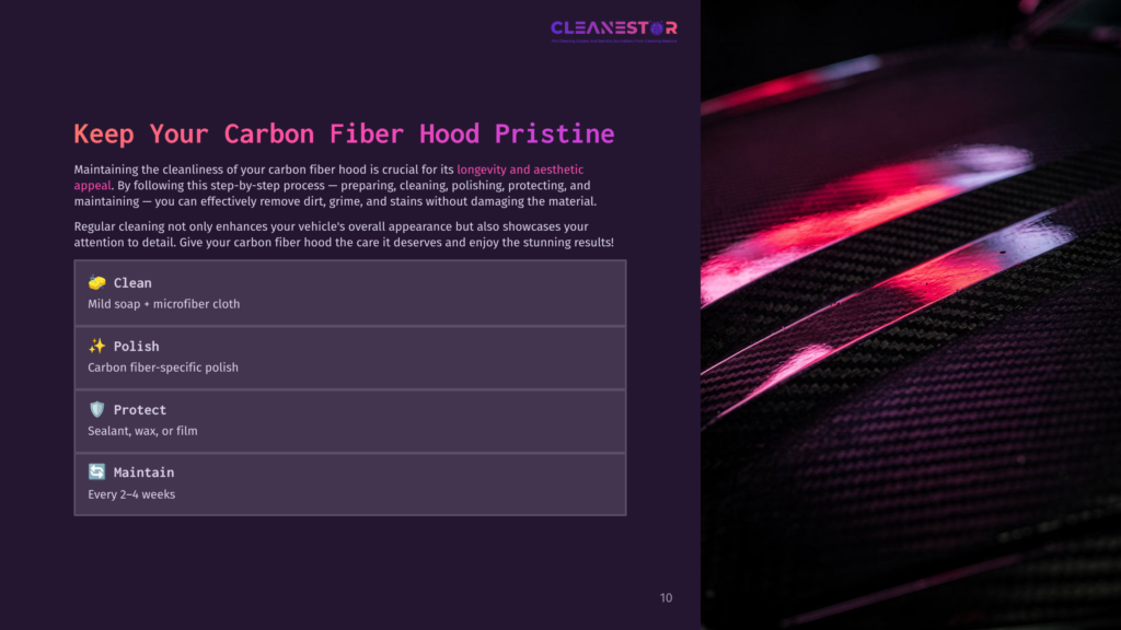 Close-Up Of A Carbon Fiber Hood With Red Light Reflections, Featuring Text &Quot;Cleanestor&Quot; And &Quot;Keep Your Carbon Fiber Hood Pristine&Quot; With Cleaning Tips: Clean, Polish, Protect, Maintain.