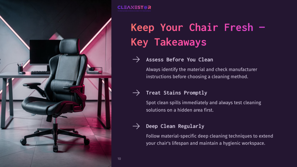 Office Chair Positioned In A Modern Workspace With A Geometric Backdrop. Text Outlines Key Tips For Maintaining Chair Cleanliness.
