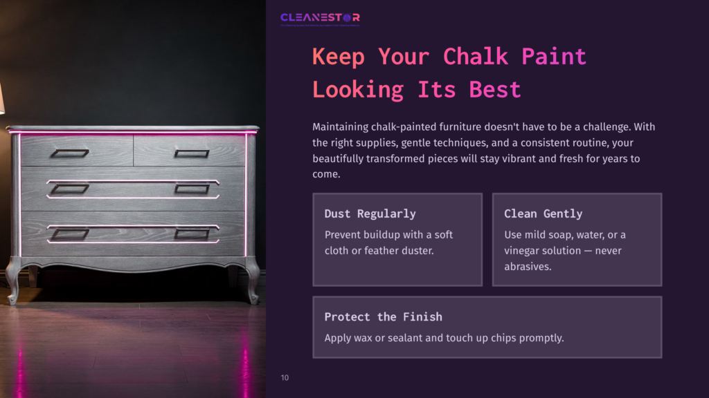 A Wooden Dresser With Chalk-Painted Drawers In Grey, Featuring Tips On Maintaining Chalk-Painted Furniture In White Text On A Purple Background.
