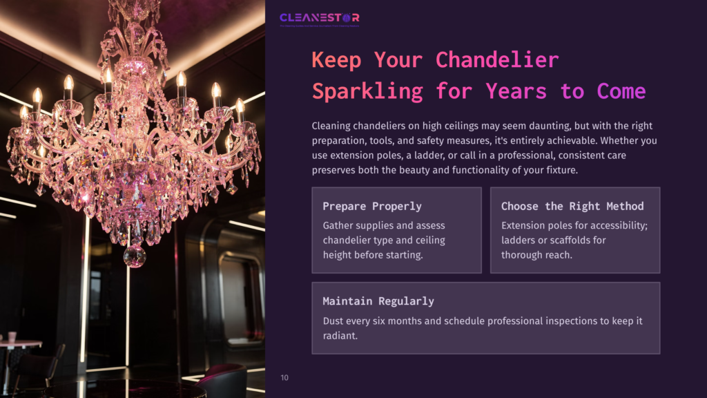 10 Keep Your Chandelier Sparkling For Years To Come A Large, Ornate Crystal Chandelier Hangs From A High Ceiling, Sparkling With Light. Text Overlay Reads &Quot;Cleanestor Keep Your Chandelier Sparkling For Years To Come.