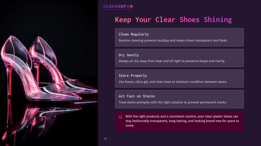 Transparent High-Heeled Shoes With A Pink Hue Are Displayed, Alongside Cleaning Tips In Bold Text On A Dark Background.
