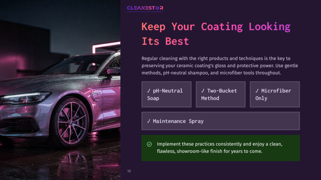 10 Keep Your Coating Looking Its Best A Sleek, Dark Bmw M Car Is Parked Outdoors Under A Light Drizzle, Its Glossy Ceramic Coating Reflecting The Purple And Pink Ambient Light. Text Overlays Read &Quot;Cleanestor&Quot; And &Quot;Keep Your Coating Looking Its Best.