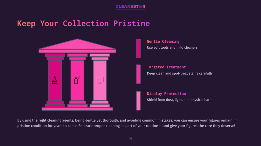 10 Keep Your Collection Pristine Pink Graphic Of A Temple-Like Structure With Three Columns, Icons Of Cleaning Tools And A Computer, Emphasizing Careful Figure Maintenance.
