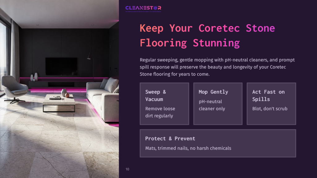 Modern Living Room With A Large Marble-Look Coretec Stone Floor, A Grey Sectional Sofa, And A Sleek Black Entertainment Center. Text Overlays Promote Cleaning Tips For Coretec Flooring.