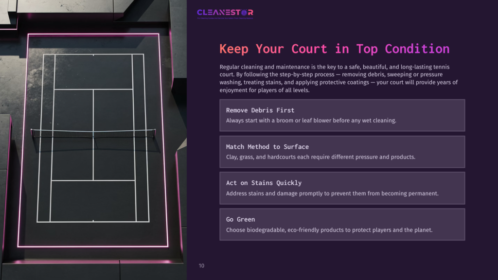 A Tennis Court Layout With A Dark Background, Highlighted Markings, And A Text Section Detailing Cleaning Tips And Maintenance Steps.