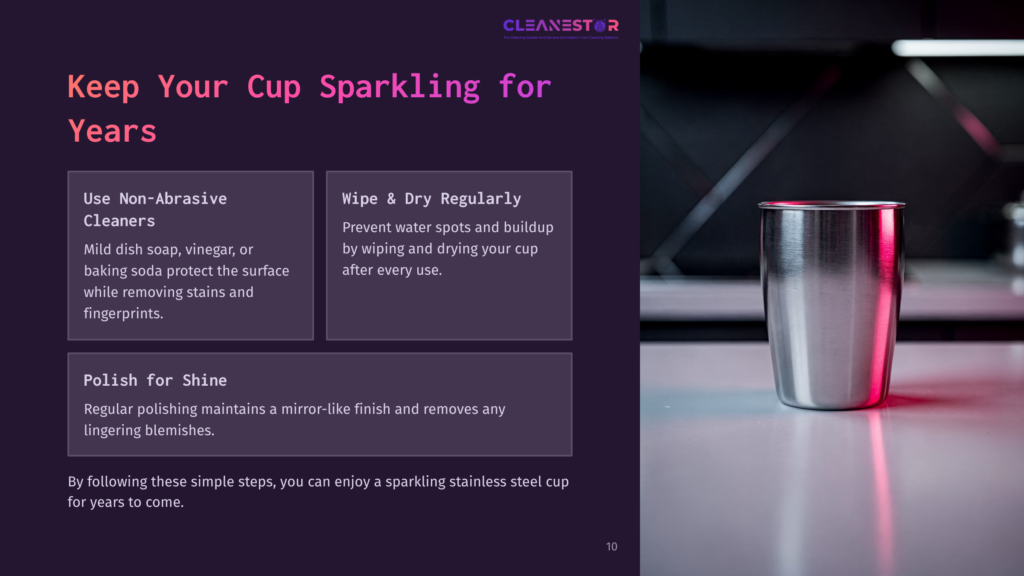 Cleanestor Logo And Text &Quot;Keep Your Cup Sparkling For Years&Quot; On A Dark Background. A Shiny Stainless Steel Cup Sits On A Reflective Surface In The Foreground.