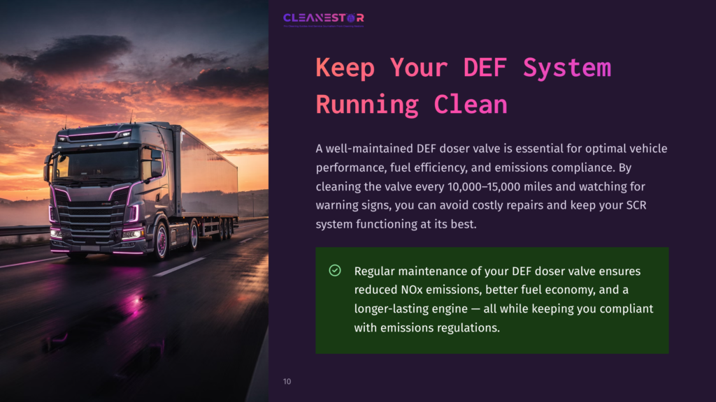 A Sleek, Modern Semi-Truck With Purple Underglow Drives On A Wet Road At Sunset, Reflecting The Dramatic Sky. Text Overlay Reads &Quot;Cleanestor Keep Your Def System Running Clean&Quot;.