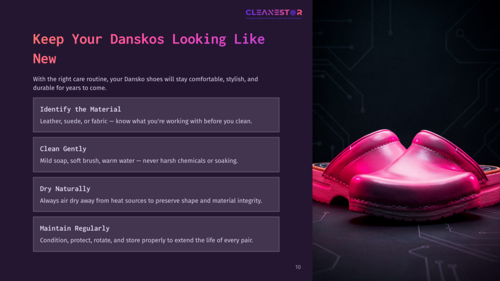 Bright Pink Dansko Clogs Are Displayed On A Dark Background With Glowing Circuit Board Lines. Text On The Left Provides Tips For Keeping Danskos Looking New.