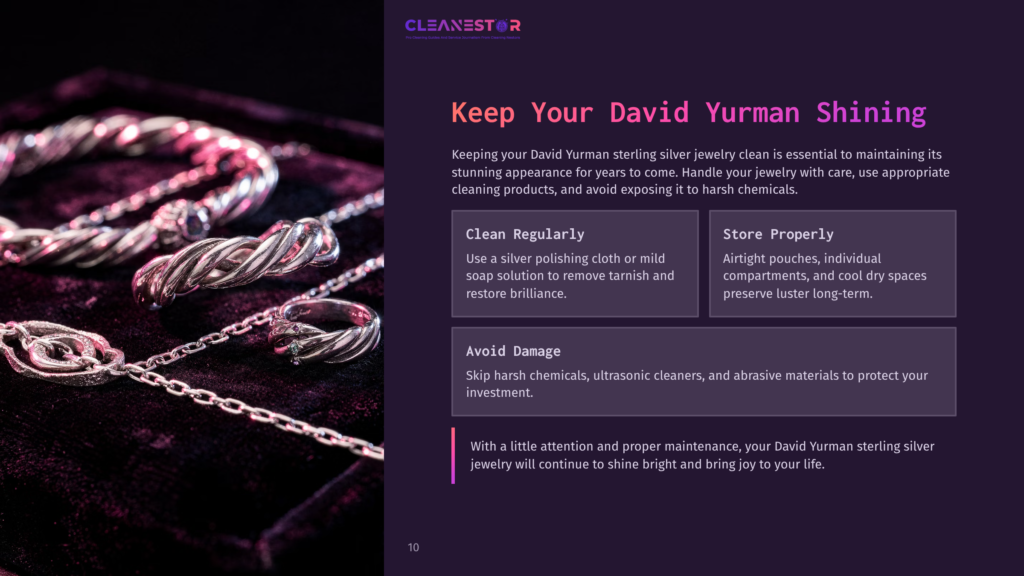 Sterling Silver Jewelry Displayed On A Dark Background, Showcasing Various Pieces, With Cleaning And Care Tips Listed In Text.