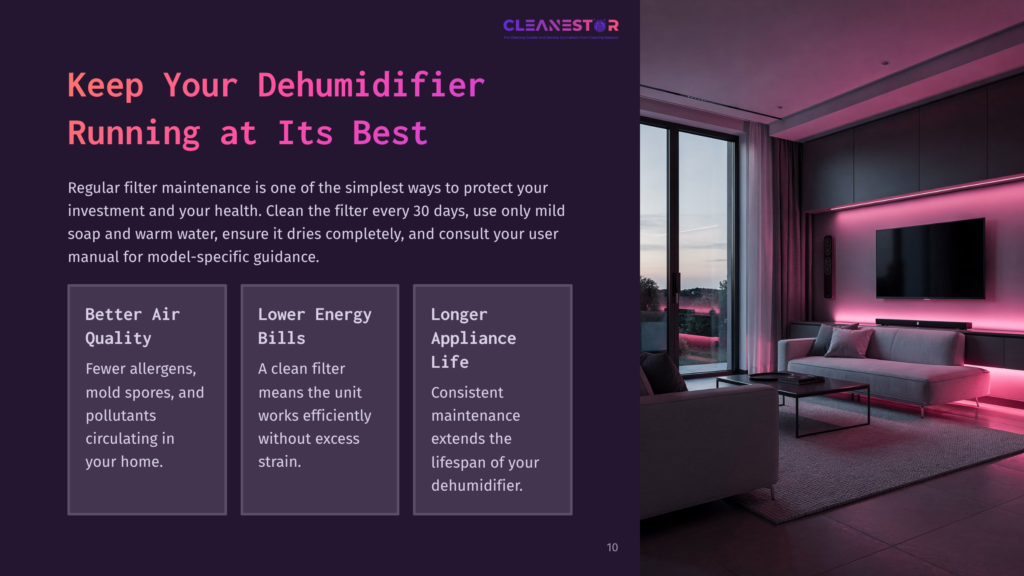 10 Keep Your Dehumidifier Running At Its Best A Modern Living Room With Pink Ambient Lighting, Featuring A Dehumidifier On A Table And A Window Showcasing A Cityscape View.