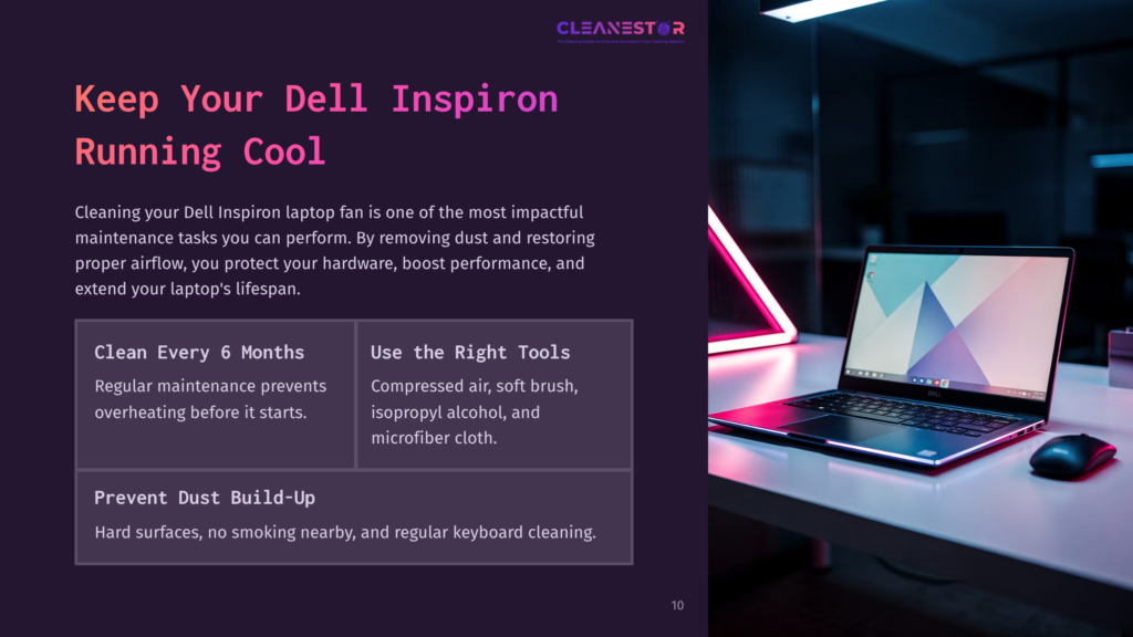 Dell Inspiron Laptop On A Desk With A Mouse, Featuring A Glowing Pink Neon Light In The Background. Text On The Left Reads &Quot;Keep Your Dell Inspiron Running Cool&Quot; And Provides Tips For Maintenance.